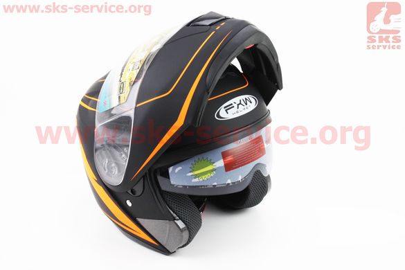 Фото товара – Шлем закрытый с откидным подбородком+очки HF-119 S- ЧЕРНЫЙ матовый с оранжевым рисунком Z34-O