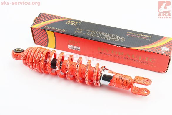 Фото товара – Амортизатор задний GY6/Honda - 310мм*d59мм (втулка 10мм / вилка 8мм) регулир., оранжевый с паутиной