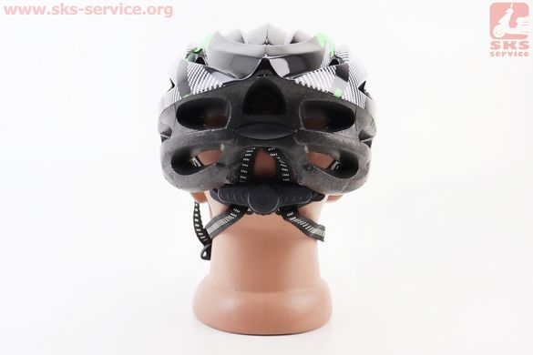 Фото товара – УЦЕНКА Шлем велосипедный L (54-62 см) съемный козырек, 21 вент. отверстия, системы регулировки по размеру Divider и Run System SRS, черно-зелено-белый