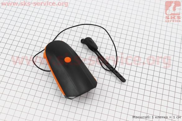 Фото товара – Фонарь передний 1 диод+звонок 4 мелодии, Li-ion 3.7V 1200mAh зарядка от USB, влагозащитный, чёрно-оранжевый FY-058