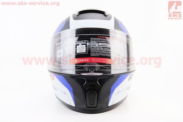 Фото товара – Шлем интеграл, закрытый (сертификация DOT)+откидные очки BLD-М66 М (57-58см), ЧЁРНЫЙ матовый с сине-белым рисунком