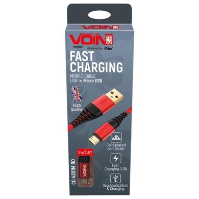 Фото товару – Кабель VOIN CC-4201M RD USB - Micro USB 3А, 1m, red (швидка зарядка/передача даних)