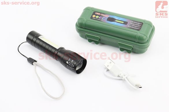 Фото товара – Фонарь 1+10 диодов ручной (Mini) в пластиковом боксе, алюминиевый, Li-ion 3.7V 450mAh зарядка от USB, влагозащитный, чёрный