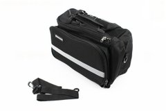 Фото товару – Сумка трансформер на багажник, розкладні бічні кишені, світловідбиваючі смуги, чорно-сіра, НЕ оригінал