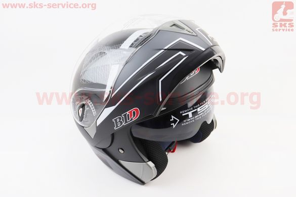 Фото товара – Шлем модуляр, закрытый с откидным подбородком+откидные очки BLD-158 S (55-56см), ЧЁРНЫЙ матовый с бело-серым рисунком
