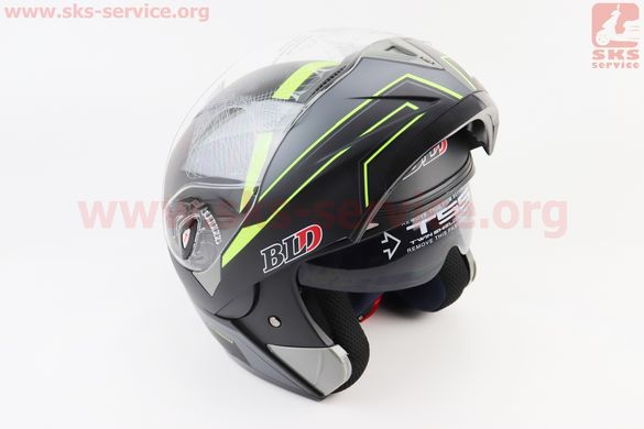 Фото товара – Шлем модуляр, закрытый с откидным подбородком+откидные очки BLD-158 S (55-56см), ЧЁРНЫЙ матовый с салатово-серым рисунком