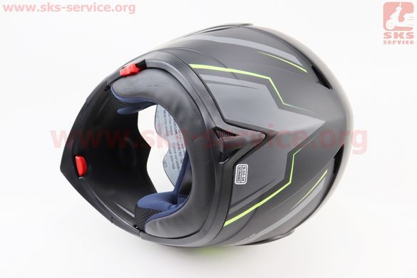 Фото товара – Шлем модуляр, закрытый с откидным подбородком+откидные очки BLD-158 S (55-56см), ЧЁРНЫЙ матовый с салатово-серым рисунком