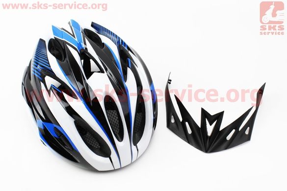 Фото товара – Шлем велосипедный L (58-61 см) съемный козырек, 18 вент. отверстия, системы регулировки по размеру Divider и Run System SRS, черно-бело-cиний AV-01