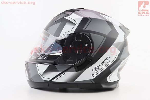 Фото товара – Шлем модуляр, закрытый с откидным подбородком+откидные очки BLD-162 L (59-60см), ЧЁРНЫЙ матовый с бело-серым рисунком