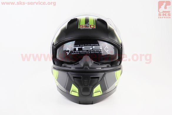 Фото товара – Шлем закрытый с откидным подбородком (сертификации DOT / ECE) + откидные очки SCO-162 S (55-56см), ЧЕРНЫЙ матовый с салатово-серым рисунком