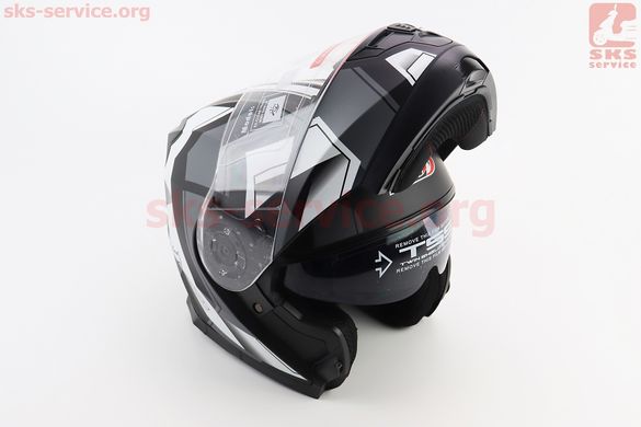 Фото товара – Шлем модуляр, закрытый с откидным подбородком+откидные очки BLD-162 L (59-60см), ЧЁРНЫЙ матовый с бело-серым рисунком