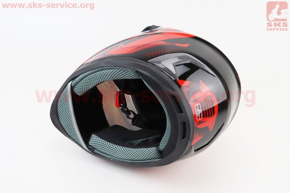 Фото товара – Шлем интеграл, закрытый HF-122 XL, ЧЁРНЫЙ глянец с красно-серым рисунком IRON Q238 (возможен не работающий воздухозаборник, потёртости)