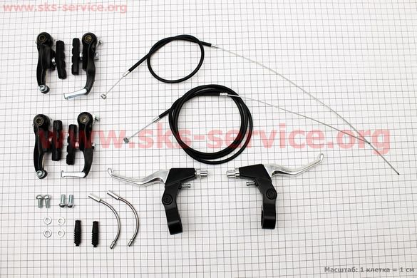 Фото товара – Тормоз V-brake 80мм (2 колеса) с ручками, тросами, алюминиевый, чёрный SYPO YD-V29
