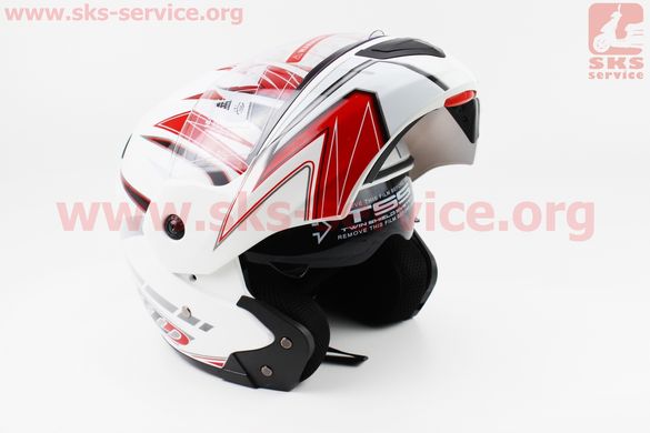 Фото товара – Шлем закрытый с откидным подбородком+очки BLD-157 S- БЕЛЫЙ с рисунком красно-черно-серым