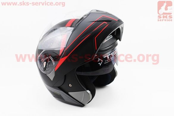 Фото товара – Шлем закрытый с откидным подбородком+очки BLD-158 S- ЧЕРНЫЙ матовый с серо-красным рисунком