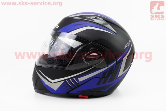 Фото товара – Шлем модуляр, закрытый с откидным подбородком+откидные очки BLD-158 S (55-56см), ЧЁРНЫЙ матовый с сине-серым рисунком