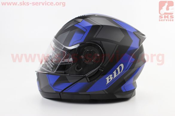 Фото товара – Шлем закрытый с откидным подбородком+очки BLD-162 S- ЧЕРНЫЙ матовый с сине-серым рисунком