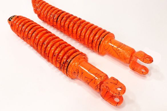 Фото товару – Амортизатор задній GY6 - 335мм*d50мм (втулка 10мм / вилка 8мм), помаранчевий з павутиною к-кт 2шт
