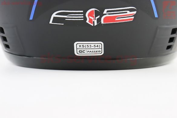 Фото товара – Шлем интеграл, закрытый 825-1 XS, ЧЁРНЫЙ матовый с синим рисунком (возможны царапины, дефекты покраски)