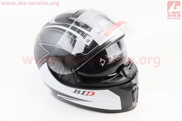 Фото товара – Шлем интеграл, закрытый (сертификация DOT)+откидные очки BLD-М66 S (55-56см), ЧЁРНЫЙ матовый с бело-серым рисунком
