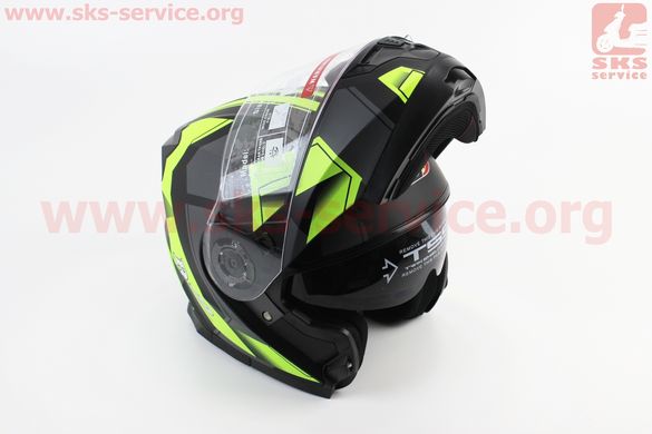 Фото товара – Шлем закрытый с откидным подбородком+очки BLD-162 М- ЧЕРНЫЙ матовый с серо-салатовым рисунком