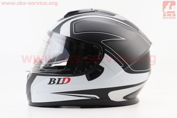 Фото товара – Шлем интеграл, закрытый (сертификация DOT)+откидные очки BLD-М66 S (55-56см), ЧЁРНЫЙ матовый с бело-серым рисунком
