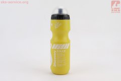 Фото товара – УЦЕНКА Фляга пластиковая 550мл, с защитной крышкой, жёлтая с рисунком бело-чёрным "Trek" (отломана крышка, см. фото)