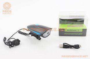 Фото товару &ndash; Ліхтар передній 1 діод+дзвінок 4 мелодії, Li-ion 3.7V 1200mAh зарядка від USB, вологозахисний, чорно-синій FY-058/7588