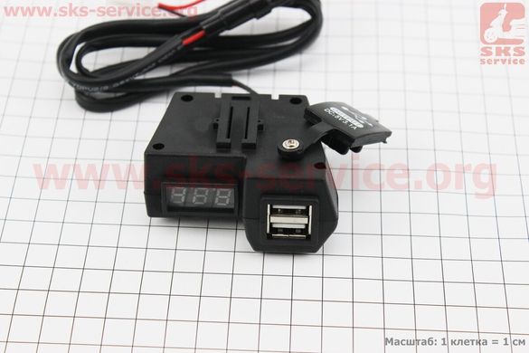Фото товара – Зарядка USB универсальная на 2 выхода, с кнопкой вкл/выкл + ВОЛЬТМЕТР (крепление на руль)