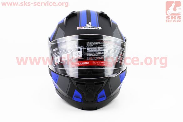Фото товара – Шлем закрытый с откидным подбородком (сертификации DOT / ECE) + откидные очки SCO-162 S- ЧЕРНЫЙ матовый с сине-серым рисунком