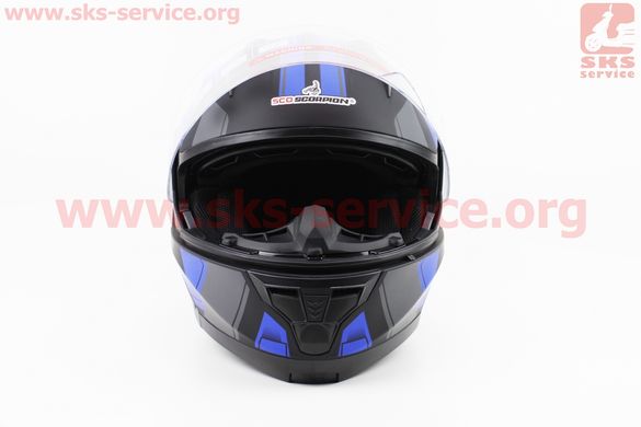 Фото товара – Шлем закрытый с откидным подбородком (сертификации DOT / ECE) + откидные очки SCO-162 S- ЧЕРНЫЙ матовый с сине-серым рисунком