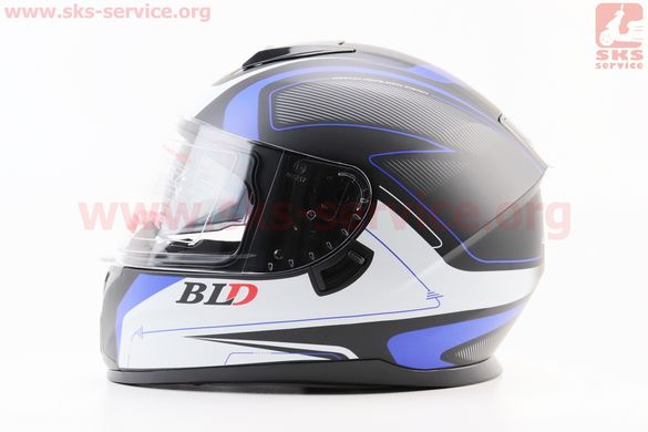 Фото товара – Шлем интеграл, закрытый (сертификация DOT)+откидные очки BLD-М66 S (55-56см), ЧЁРНЫЙ матовый с сине-белым рисунком