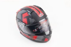 Фото товара – Шлем закрытый с откидным подбородком (сертификации DOT / ECE) + откидные очки SCO-162 S (55-56см), ЧЕРНЫЙ матовый с красно-серым рисунком