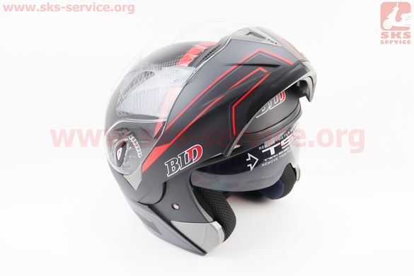 Фото товара – Шлем модуляр, закрытый с откидным подбородком+откидные очки BLD-158 М (57-58см), ЧЁРНЫЙ матовый с красно-серым рисунком
