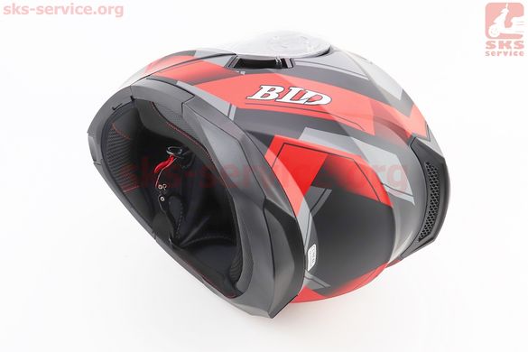 Фото товара – Шлем модуляр, закрытый с откидным подбородком+откидные очки BLD-162 L (59-60см), ЧЁРНЫЙ матовый с красно-серым рисунком