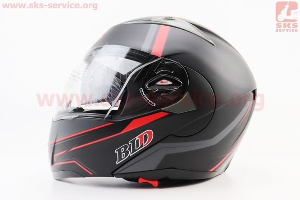 Фото товара – Шлем модуляр, закрытый с откидным подбородком+откидные очки BLD-158 М (57-58см), ЧЁРНЫЙ матовый с красно-серым рисунком