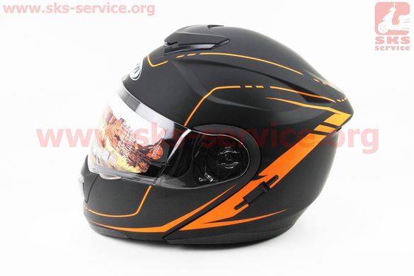Фото товара – Шлем закрытый с откидным подбородком+очки HF-119 M- ЧЕРНЫЙ матовый с оранжевым рисунком Z34-O