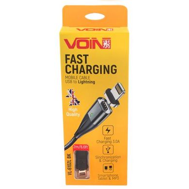 Фото товару – Кабель магнітний VOIN USB - Lightning 3А, 2m, black (швидка зарядка / передача даних)