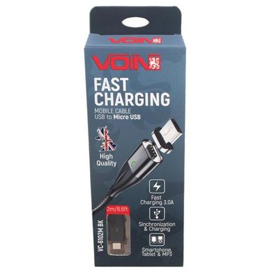 Фото товару – Кабель магнітний VOIN USB - Micro USB 3А, 2m, black (швидка зарядка / передача даних)