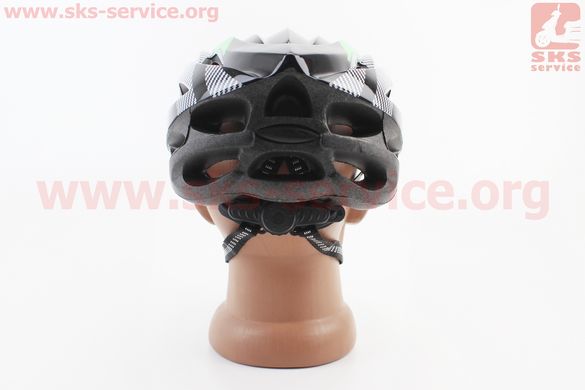 Фото товара – Шлем велосипедный L (54-62 см) съёмный козырёк, 21 вент. отверстий, чёрно-зелёно-белый