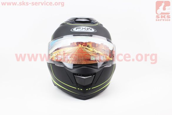 Фото товара – Шлем закрытый с откидным подбородком+очки HF-119 M- ЧЕРНЫЙ матовый с зеленым рисунком Z34-Y