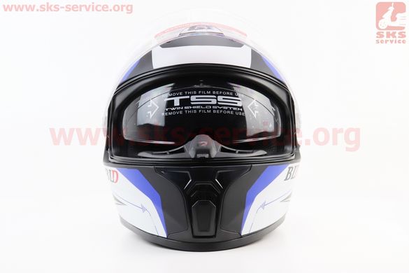 Фото товара – Шлем интеграл, закрытый (сертификация DOT)+откидные очки BLD-М66 М (57-58см), ЧЁРНЫЙ матовый с сине-белым рисунком