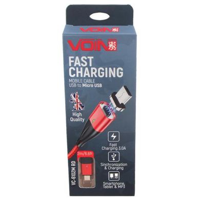 Фото товару – Кабель магнітний VOIN USB - Micro USB 3А, 2m, red (швидка зарядка / передача даних)