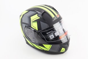 Фото товара – Шлем модуляр, закрытый с откидным подбородком+откидные очки BLD-162 L (59-60см), ЧЁРНЫЙ матовый с салатово-серым рисунком