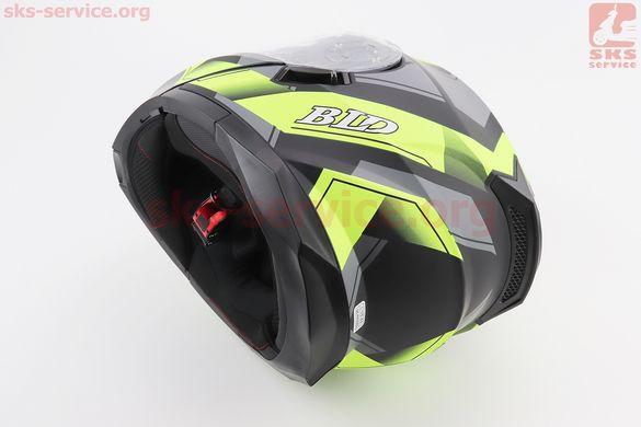 Фото товара – Шлем модуляр, закрытый с откидным подбородком+откидные очки BLD-162 L (59-60см), ЧЁРНЫЙ матовый с салатово-серым рисунком