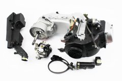 Фото товара – Двигатель скутерный в сборе 4Т-80куб (короткий вариатор, длинный вал) + карбюратор, коммутатор, катушка зажигания, фильтр воздушный