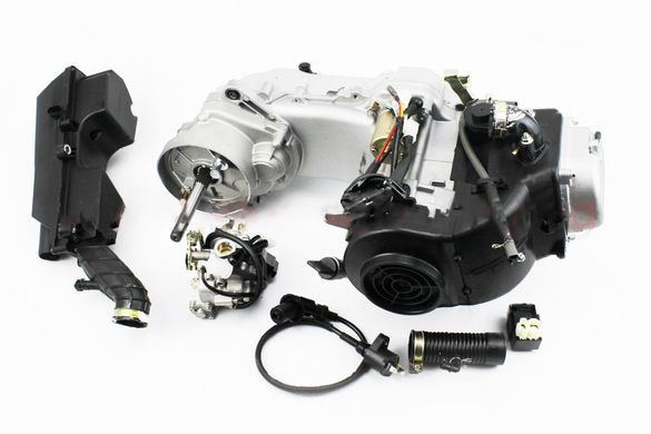 Фото товару – Двигун скутерний в зборі 4Т-80куб (короткий варіатор, довгий вал) + карбюратор, комутатор, котушка запалювання, повітряний фільтр
