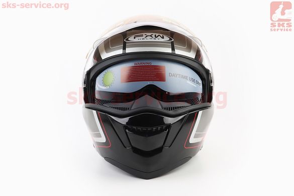 Фото товара – Шлем модуляр, закрытый с откидным подбородком+откидные очки HF-119 S, ЧЁРНЫЙ глянец с красно-серым рисунком Z48