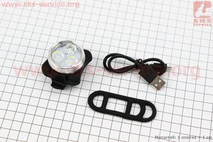 Фото товара &ndash; УЦЕНКА велоаксессуары Фонарь передний 3 диода 20 lumen, Li-ion 3.7V 650mAh зарядка от USB, влагозащитный, HJ-030 (не работает 1 диод)