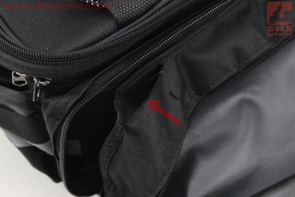 Фото товара – УЦЕНКА велоаксессуары Сумка трансформер на багажник, раскладные боковые карманы, светоотражающие полосы, чёрно-серая (дефекты пошивки), НЕ оригинал